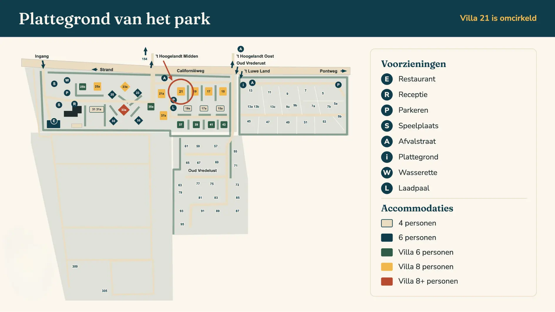 Plattegrond van vakantiepark So What op Texel met de ligging van Villa 21 omcirkeld